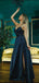 Navy Blue A-line Spaghetti Straps High Slit Maxi Long Prom Dresses,Evening Dresses,12974