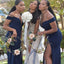 Navy Blue Mermaid Off Shoulder V-neck Cheap Long Bridesmaid Dresses,WG1141