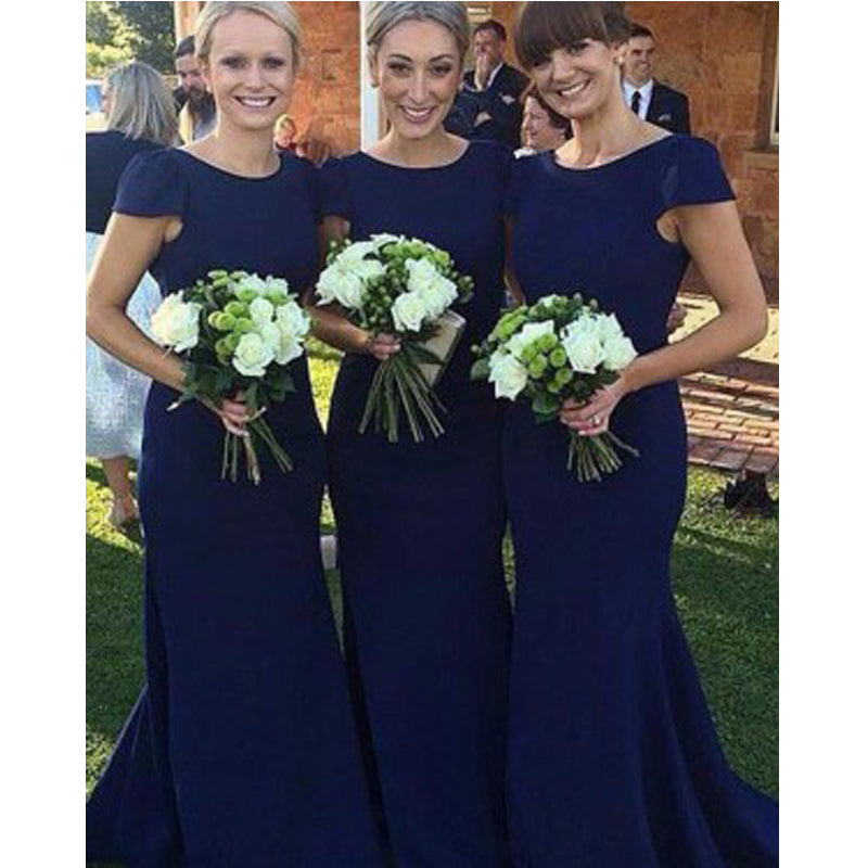 Navy Blue Mermaid Short Sleeves Jewel Cheap Long Bridesmaid Dresses,WG1135