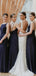 Navy Blue Mermaid Spaghetti Straps Backless Cheap Long Bridesmaid Dresses,WG1129