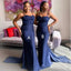 Navy Blue Mermaid Spaghetti Straps Cheap Long Bridesmaid Dresses,WG1151