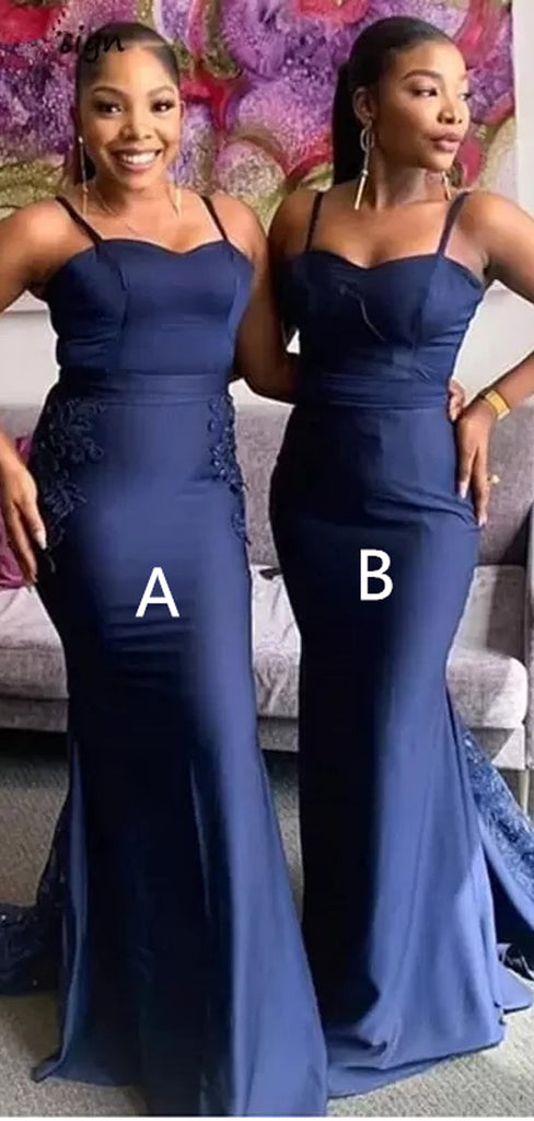 Navy Blue Mermaid Spaghetti Straps Cheap Long Bridesmaid Dresses,WG1151