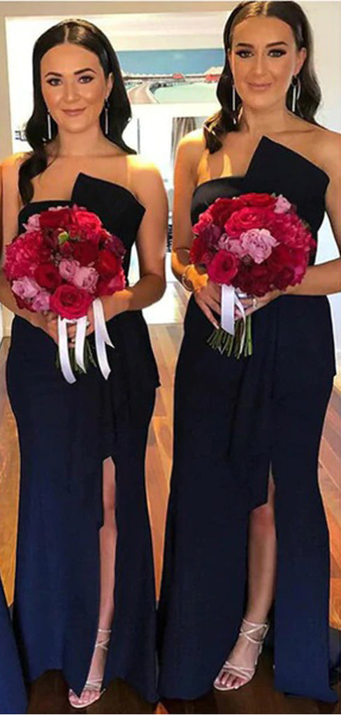 Navy Blue Mermaid Sweetheart Side Slit Cheap Long Bridesmaid Dresses,WG1171