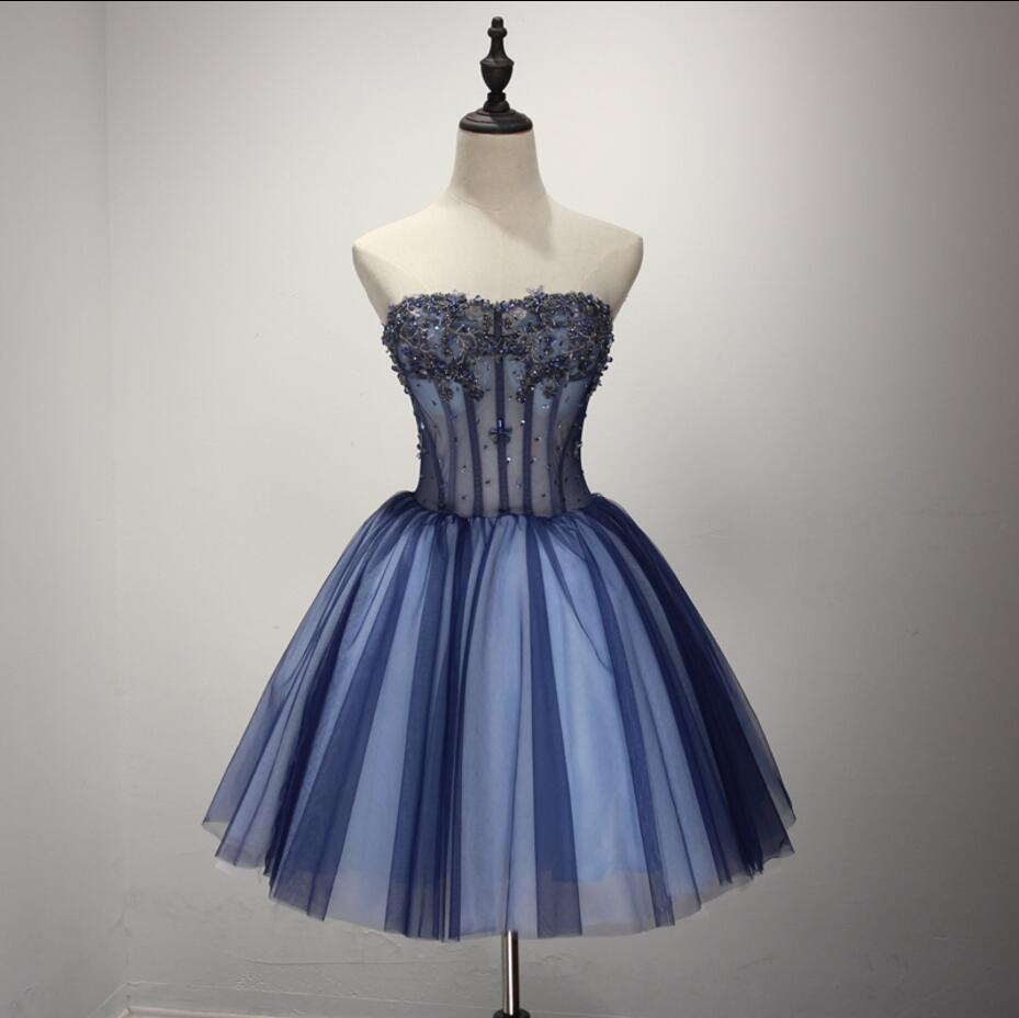 Navy Blue See Through Homecoming Prom Dresses, Affordable Corset Back Short Party Prom Dresses, Perfect Homecoming Dresses, CM234