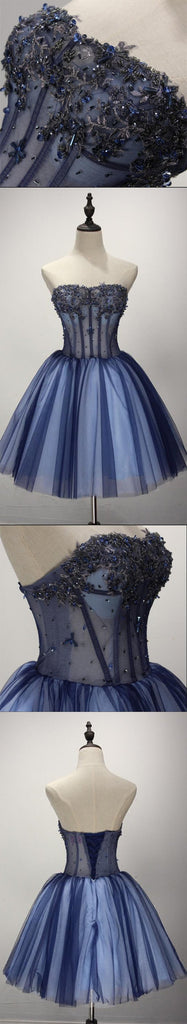 Navy Blue See Through Homecoming Prom Dresses, Affordable Corset Back Short Party Prom Dresses, Perfect Homecoming Dresses, CM234