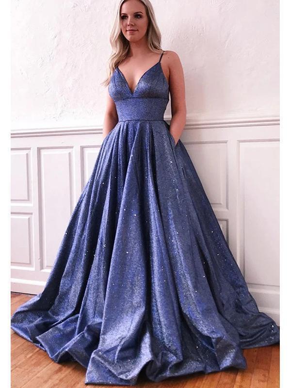 Navy Blue Spaghetti Straps A-line Long Evening Prom Dresses, Evening Party Prom Dresses, 12312