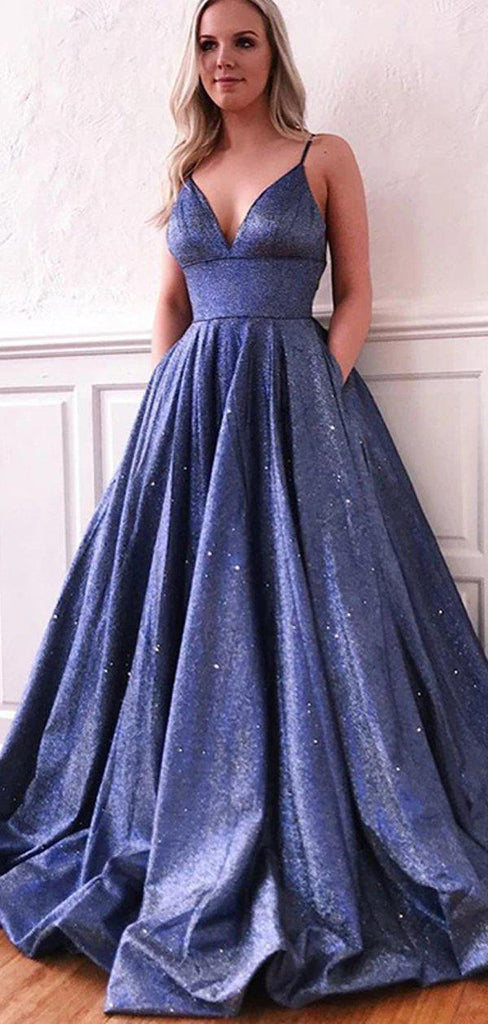 Navy Blue Spaghetti Straps A-line Long Evening Prom Dresses, Evening Party Prom Dresses, 12312