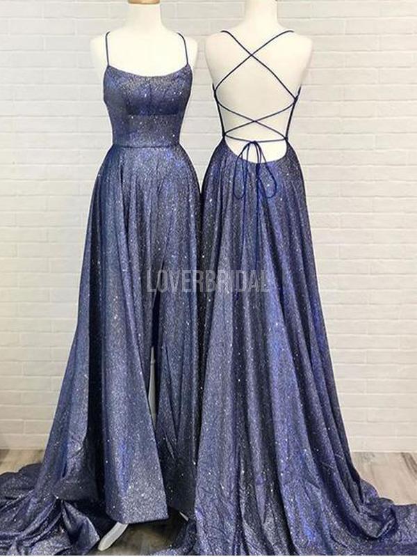 Navy Blue Spaghetti Straps Glitter Long Evening Prom Dresses, Evening Party Prom Dresses, 12282