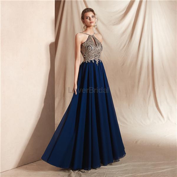 Navy Gold Lace Beaded Chiffon Evening Prom Dresses, Evening Party Prom Dresses, 12067