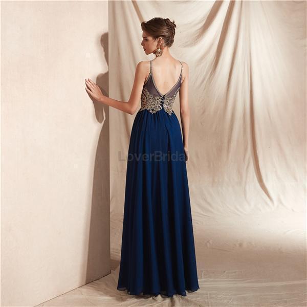 Navy Gold Lace Beaded Chiffon Evening Prom Dresses, Evening Party Prom Dresses, 12067