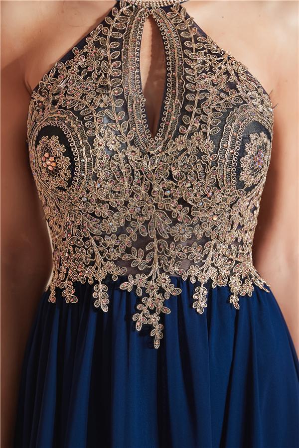 Navy Gold Lace Beaded Chiffon Evening Prom Dresses, Evening Party Prom Dresses, 12067