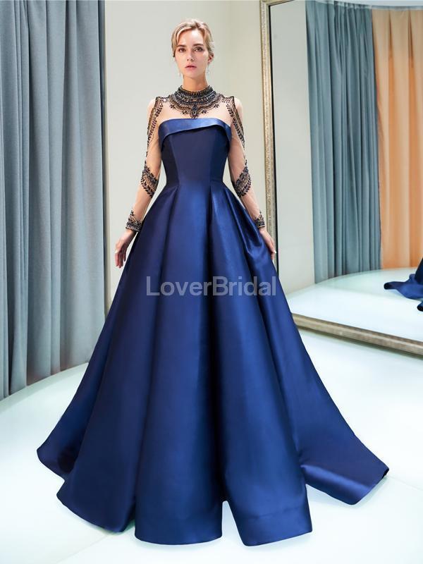 Navy Long Sleeves A-line Navy Beaded Evening Prom Dresses, Evening Party Prom Dresses, 12030