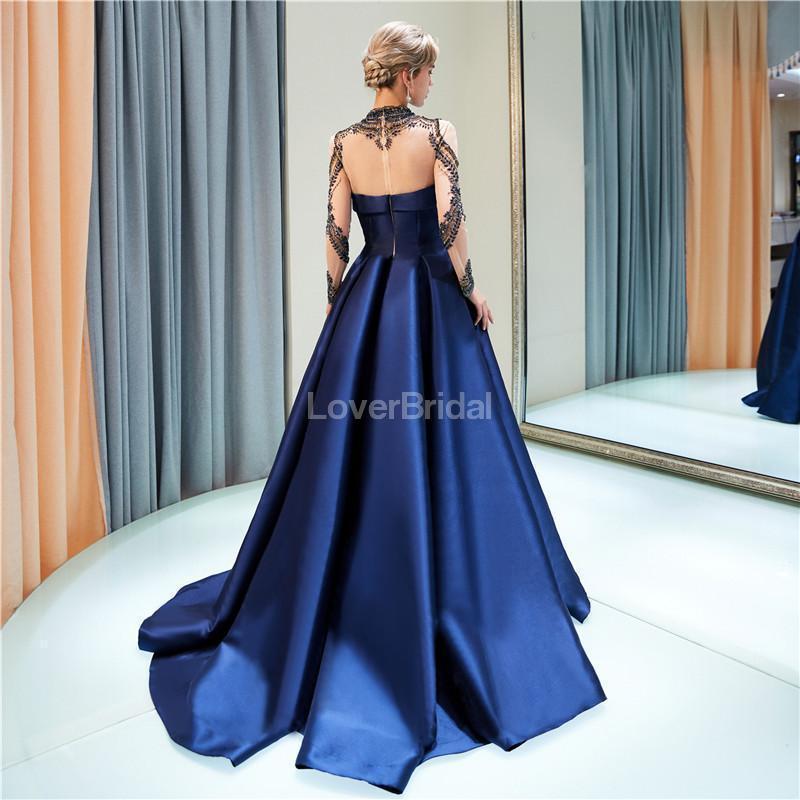 Navy Long Sleeves A-line Navy Beaded Evening Prom Dresses, Evening Party Prom Dresses, 12030