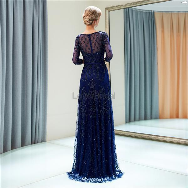 Navy Long Sleeves Lace Beaded Evening Prom Dresses, Evening Party Prom Dresses, 12052