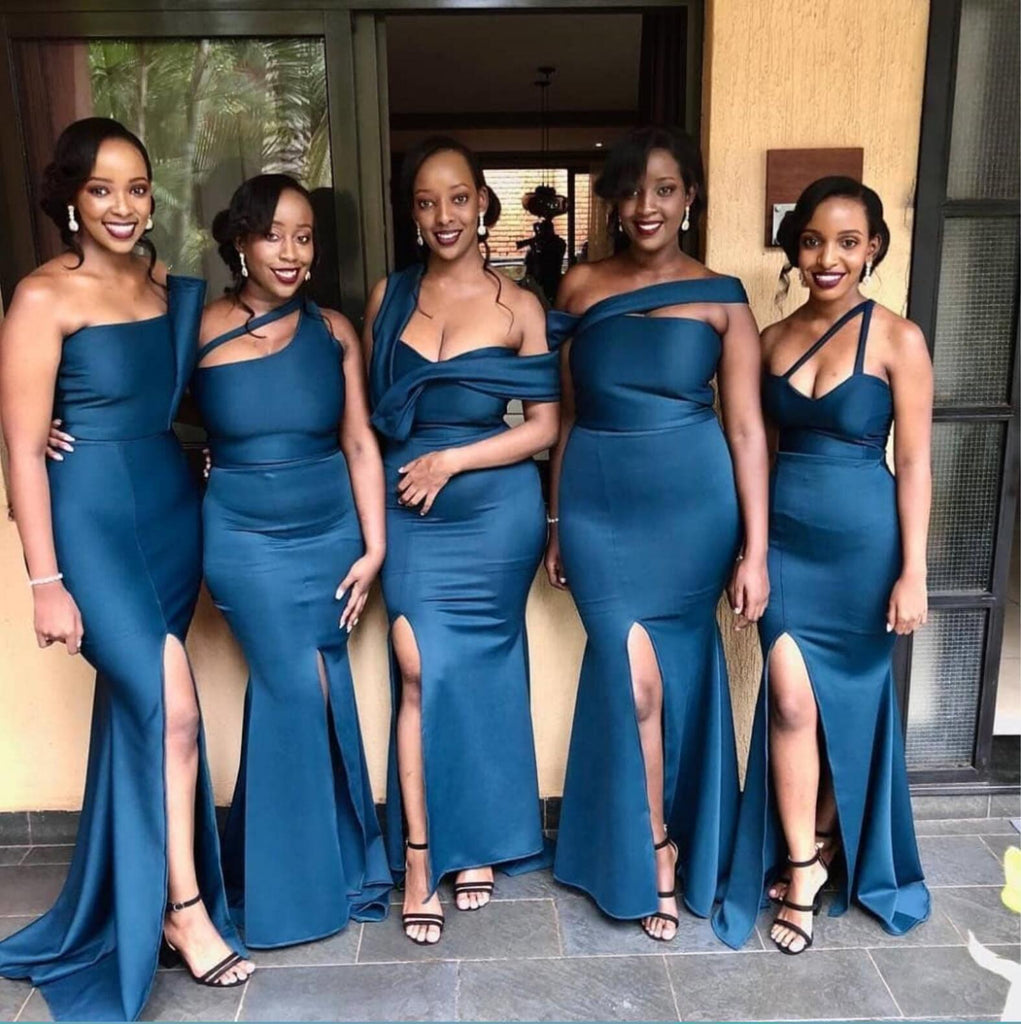 Navy Mismatched Mermaid Side Slit Cheap Long Cheap Bridesmaid Dresses Online, WG639