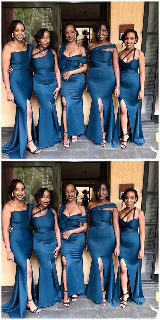 Navy Mismatched Mermaid Side Slit Cheap Long Cheap Bridesmaid Dresses Online, WG639