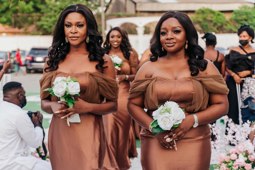 Newest Brown Mermaid Off Shoulder Cheap Long Bridesmaid Dresses,WG1450