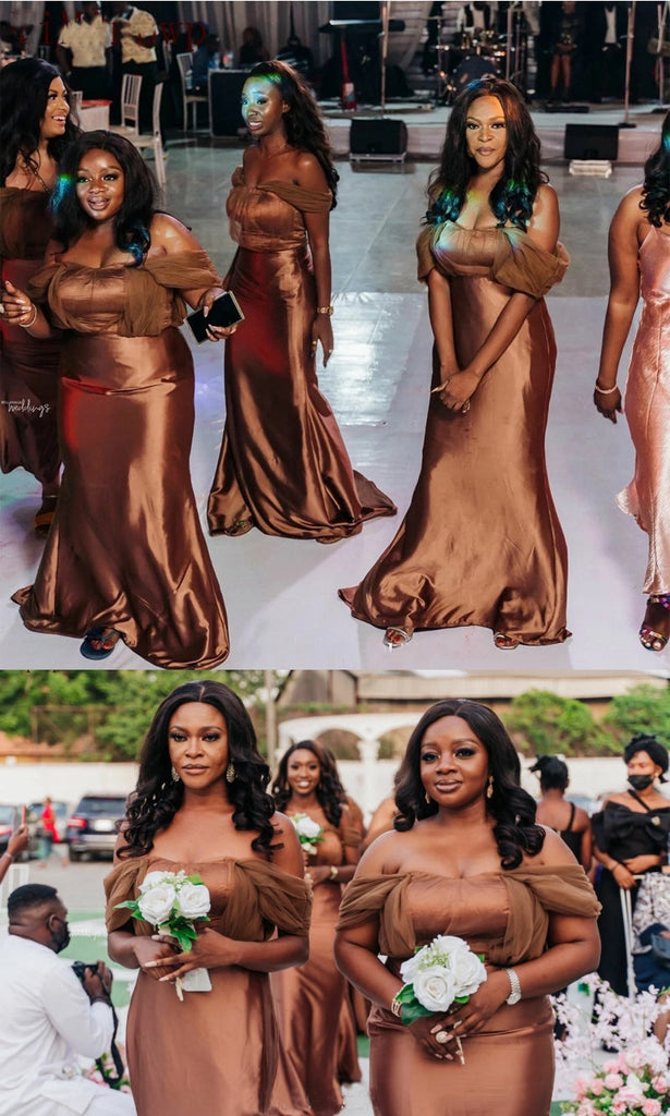 Newest Brown Mermaid Off Shoulder Cheap Long Bridesmaid Dresses,WG1450