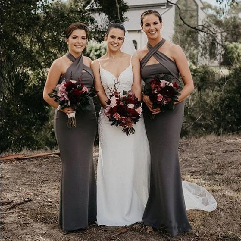 Newest Grey Mermaid Halter Cheap Long Bridesmaid Dresses,WG1346