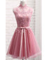 Newest Pink Illusion Lace Short Homecoming Dresses,Cheap Short Prom Dresses, CM877