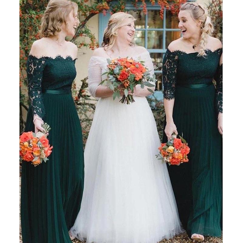 Off Shoulder 1/2 Long Sleeves Green Bridesmaid Dresses Online, Cheap Bridesmaids Dresses, WG748
