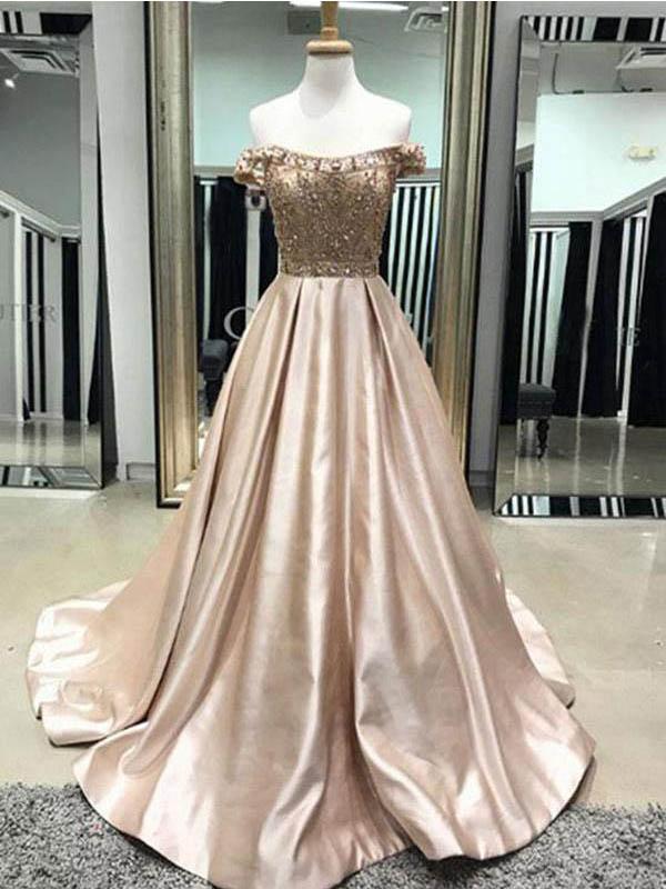 Off Shoulder Beaded A line Cheap Long Evening Prom Dresses, Cheap Sweet 16 Dresses, 18369