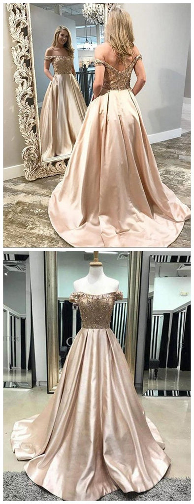 Off Shoulder Beaded A line Cheap Long Evening Prom Dresses, Cheap Sweet 16 Dresses, 18369