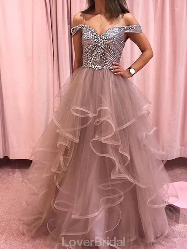 Off Shoulder Beaded Bodice Ruffle Skirt Long Evening Prom Dresses, Evening Party Prom Dresses, 12173