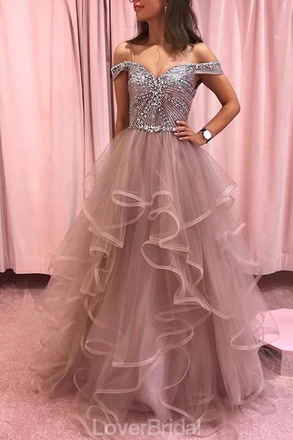 Off Shoulder Beaded Bodice Ruffle Skirt Long Evening Prom Dresses, Evening Party Prom Dresses, 12173