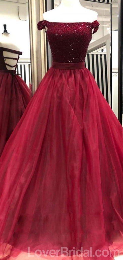 Off Shoulder Beaded Dark Red Long Evening Prom Dresses, Cheap Custom Party Prom Dresses, 18592