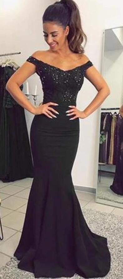 Off Shoulder Black Mermaid Long Evening Prom Dresses, 17456