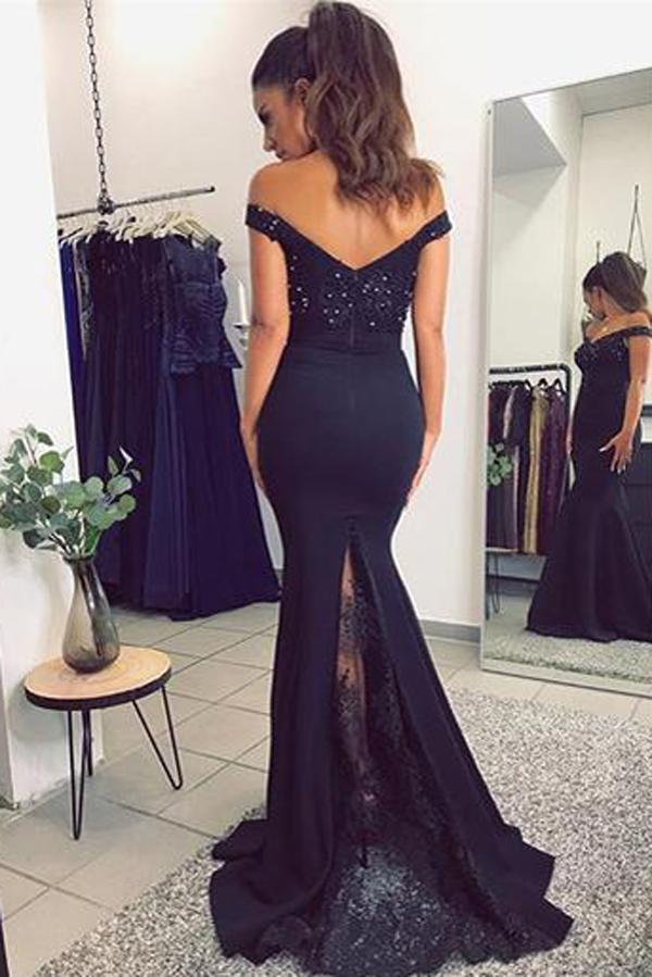 Off Shoulder Black Mermaid Long Evening Prom Dresses, 17456