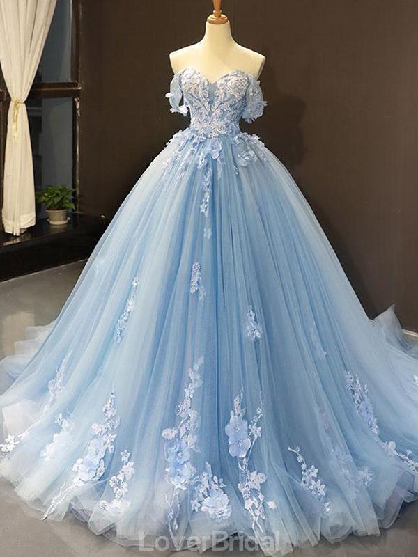 Off Shoulder Blue Handmade Flower Long Evening Prom Dresses, Evening Party Prom Dresses, 12163