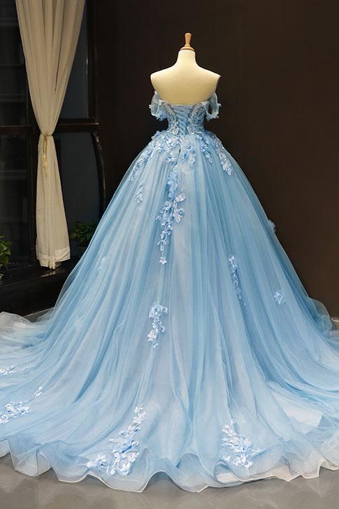 Off Shoulder Blue Handmade Flower Long Evening Prom Dresses, Evening Party Prom Dresses, 12163