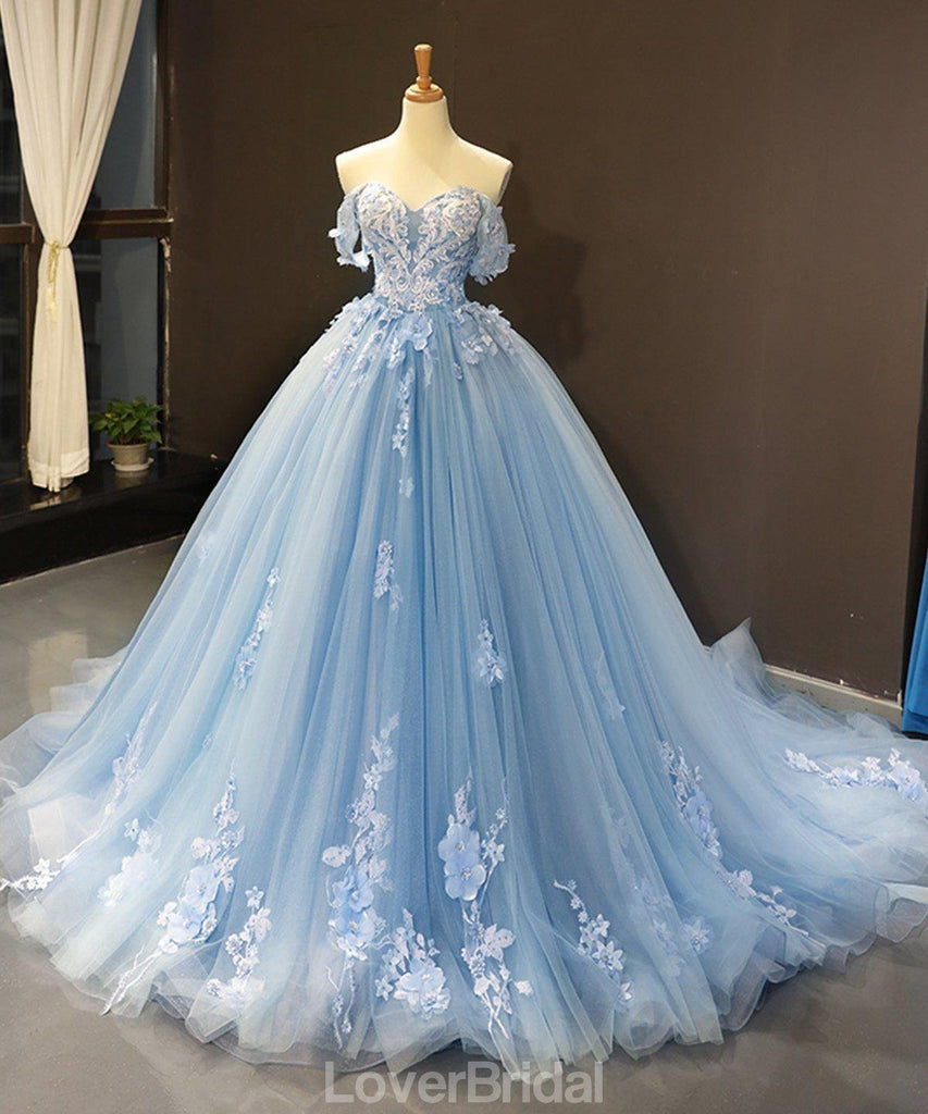 Off Shoulder Blue Handmade Flower Long Evening Prom Dresses, Evening Party Prom Dresses, 12163