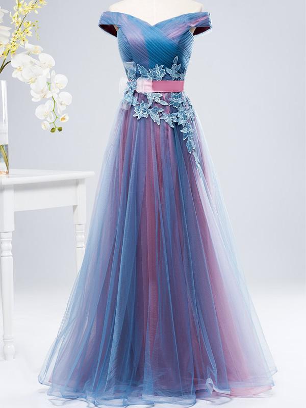 Off Shoulder Blue & Pink Tulle A-line Long Evening Prom Dresses, 17627