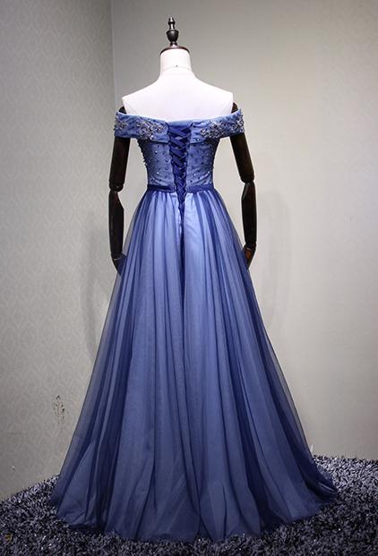 Off Shoulder Blue Tulle Beaded A-line Long Evening Prom Dresses, 17621