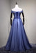 Off Shoulder Blue Tulle Beaded A-line Long Evening Prom Dresses, 17621