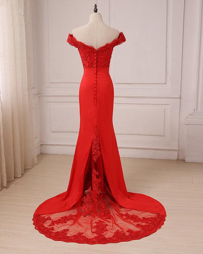 Off Shoulder Bright Red Lace Mermaid Long Evening Prom Dresses, 17558