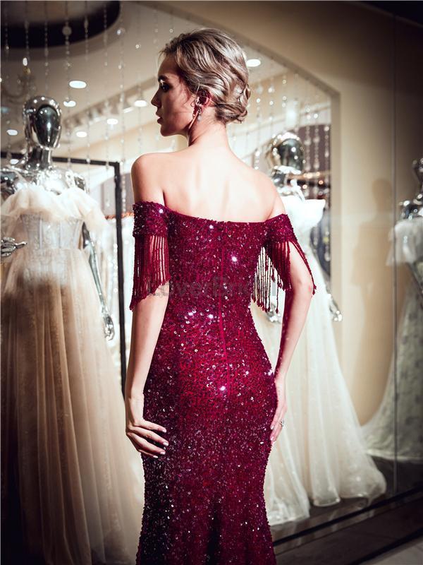 Off Shoulder Dark Red Beaded Mermaid Evening Prom Dresses, Evening Party Prom Dresses, 12064