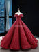 Off Shoulder Dark Red Lace Ball Gown Evening Prom Dresses, Evening Party Prom Dresses, 12258