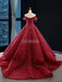 Off Shoulder Dark Red Lace Ball Gown Evening Prom Dresses, Evening Party Prom Dresses, 12258