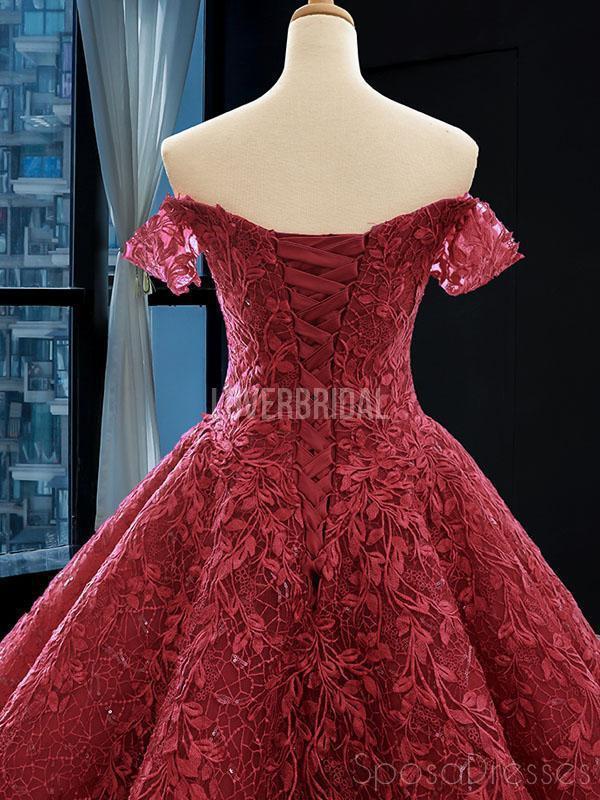 Off Shoulder Dark Red Lace Ball Gown Evening Prom Dresses, Evening Party Prom Dresses, 12258