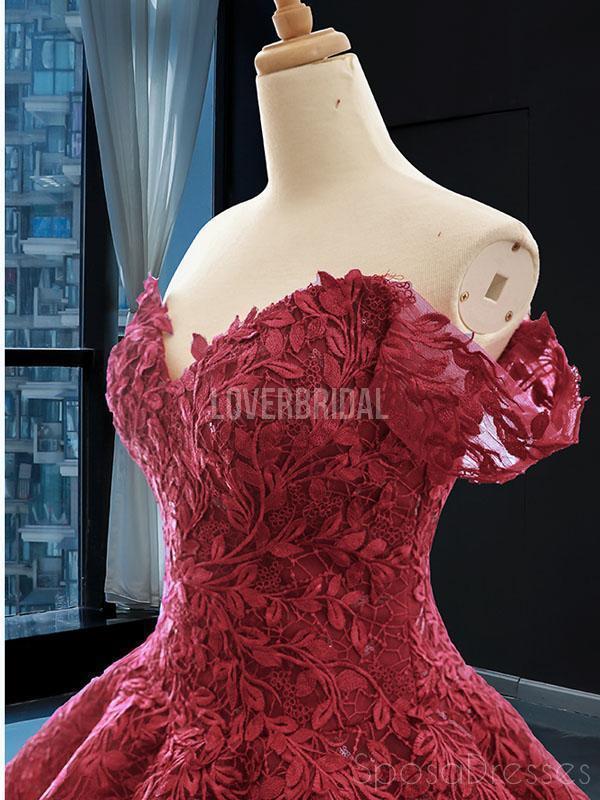 Off Shoulder Dark Red Lace Ball Gown Evening Prom Dresses, Evening Party Prom Dresses, 12258