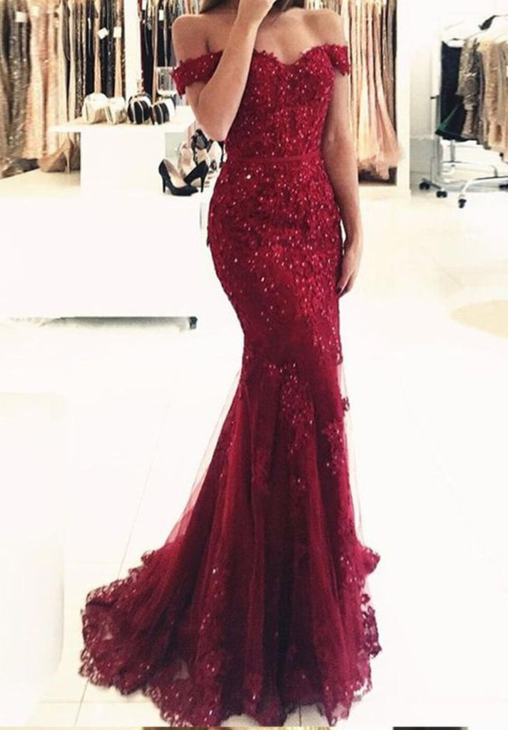 Off Shoulder Dark Red Lace Beaded Evening Mermaid Prom Dresses, Long Sexy Party Prom Dress, Custom Long Prom Dresses, Cheap Formal Prom Dresses, 17132