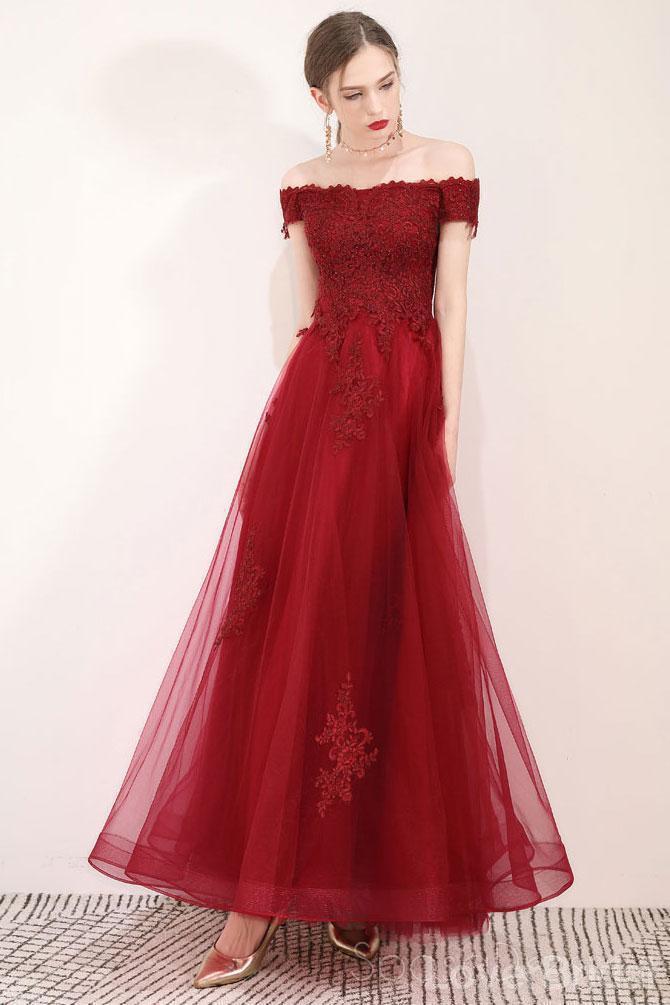 Off Shoulder Dark Red Lace Long Evening Prom Dresses, Cheap Party Custom  Prom Dresses, 18620