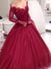 Off Shoulder Dark Red Long Sleeve Lace A line Long Evening Prom Dresses, 17470