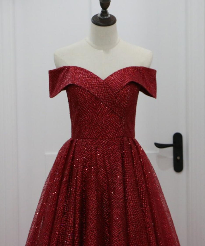 Off Shoulder Dark Red Sparkly A-line Long Evening Prom Dresses, Evening Party Prom Dresses, 12296