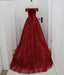 Off Shoulder Dark Red Sparkly A-line Long Evening Prom Dresses, Evening Party Prom Dresses, 12296