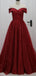 Off Shoulder Dark Red Sparkly A-line Long Evening Prom Dresses, Evening Party Prom Dresses, 12296